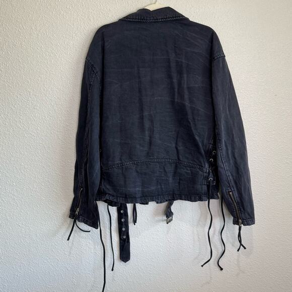 Free People Oversized Moto Jacket Medium Washed Black Grunge Goth Motorcycle - Picture 9 of 12